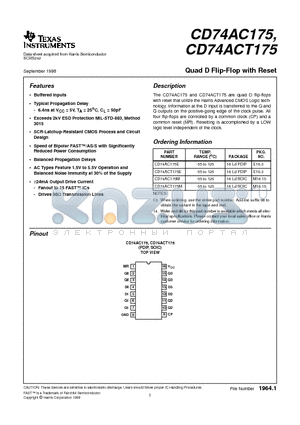 CD74AC175E datasheet - Quad D Flip-Flop with Reset