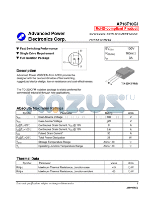 AP18T10GI datasheet - N-CHANNEL ENHANCEMENT MODE POWER MOSFET