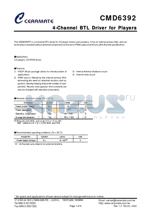 CMD6392 datasheet - 4-Channel BTL Driver for Players