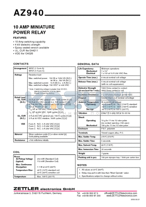 AZ940-1A-6DS datasheet - 10 AMP MINIATURE POWER RELAY