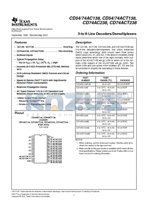 CD74AC238M datasheet - 3-to-8-Line Decoders/Demultiplexers