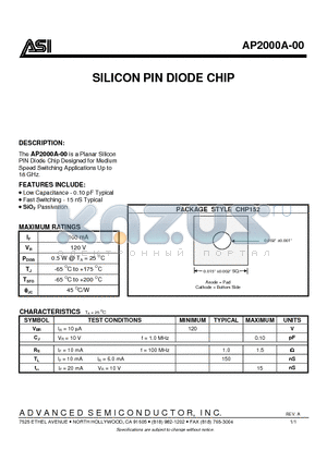 AP2000A-00 datasheet - SILICON PIN DIODE CHIP