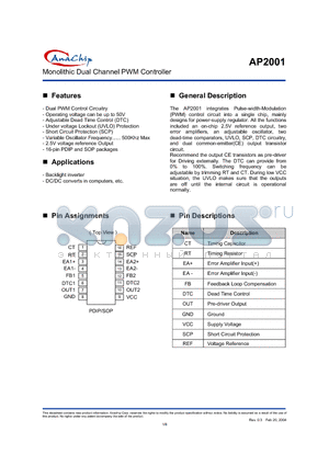 AP2001 datasheet - Monolithic Dual Channel PWM Controller