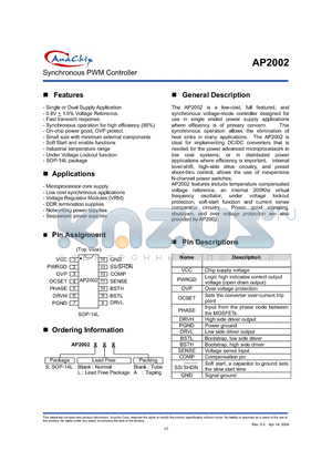 AP2002 datasheet - Synchronous PWM Controller