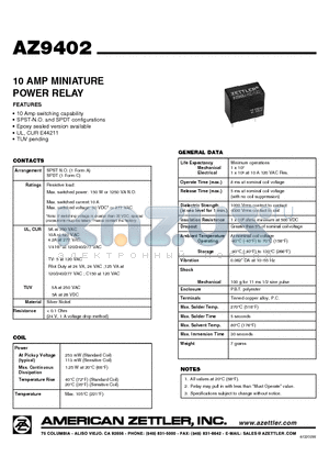 AZ9402-1A-24D datasheet - 10 AMP MINIATURE POWER RELAY
