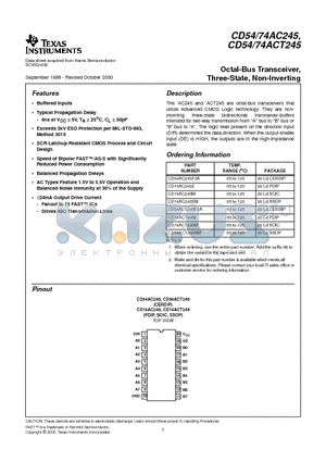 CD74AC245 datasheet - Octal-Bus Transceiver, Three-State, Non-Inverting