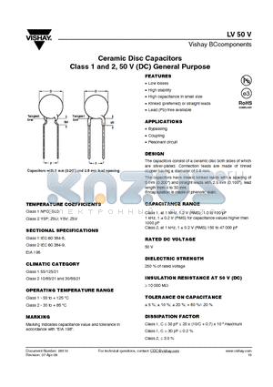 D152K20Y5PF6.L2R datasheet - Ceramic Disc Capacitors Class 1 and 2, 50 V (DC) General Purpose