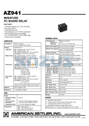 AZ941 datasheet - MINIATURE PC BOARD RELAY