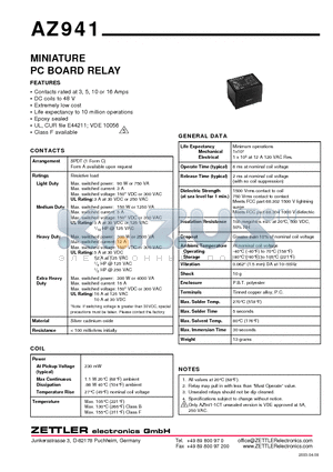 AZ941-1C-12D datasheet - MINIATURE PC BOARD RELAY