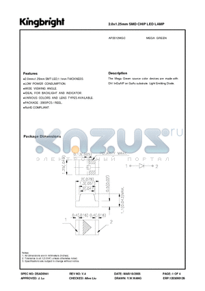 AP2012MGC datasheet - 2.0x1.25mm SMD CHIP LED LAMP