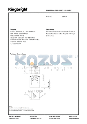 AP2012YC datasheet - 2.0x1.25mm SMD CHIP LED LAMP