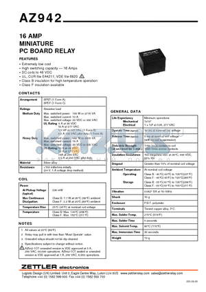 AZ942 datasheet - 16 AMP MINIATURE PC BOARD RELAY
