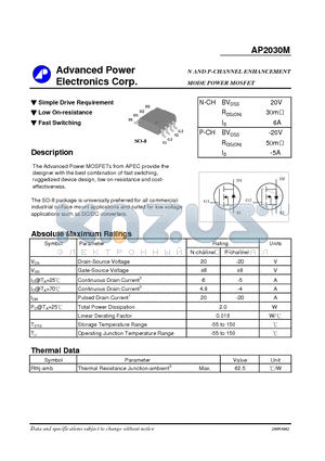 AP2030M datasheet - N AND P-CHANNEL ENHANCEMENT MODE POWER MOSFET