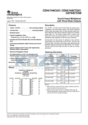 CD74AC257EE4 datasheet - Quad 2-Input Multiplexer with Three-State Outputs