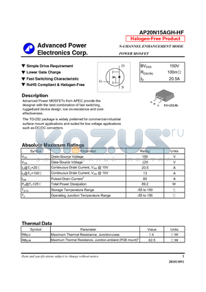 AP20N15AGH-HF datasheet - N-CHANNEL ENHANCEMENT MODE POWER MOSFET