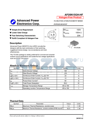 AP20N15GH-HF datasheet - N-CHANNEL ENHANCEMENT MODE POWER MOSFET