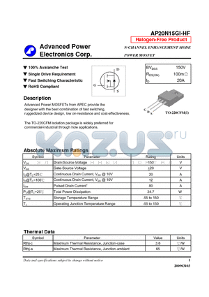 AP20N15GI-HF datasheet - N-CHANNEL ENHANCEMENT MODE POWER MOSFET