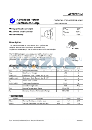 AP20P02J datasheet - P-CHANNEL ENHANCEMENT MODE POWER MOSFET