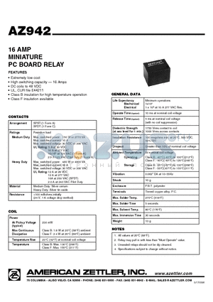 AZ942-1CT-12DE datasheet - 16 AMP MINIATURE PC BOARD RELAY