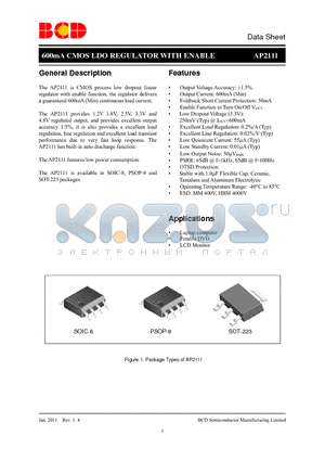 AP2111 datasheet - 600mA CMOS LDO REGULATOR WITH ENABLE