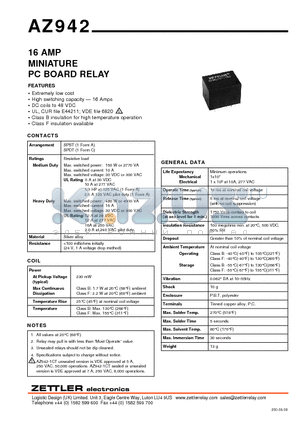 AZ942-1CT-48D datasheet - 16 AMP MINIATURE PC BOARD RELAY