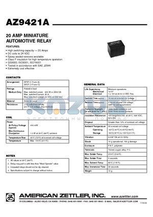 AZ9421A datasheet - 20 AMP MINIATURE AUTOMOTIVE RELAY