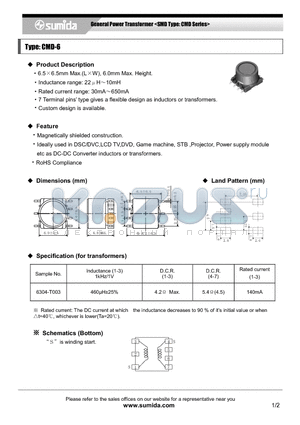 CMD6NP-151MB datasheet - General Power Transformer <SMD Type: CMD Series>