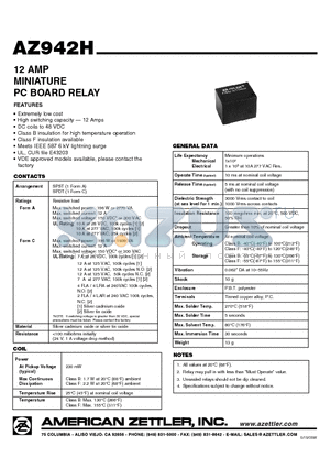 AZ942H datasheet - 12 AMP MINIATURE PC BOARD RELAY