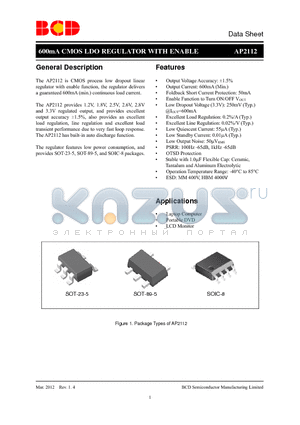 AP2112M-2.5TRG1 datasheet - 600mA CMOS LDO REGULATOR WITH ENABLE