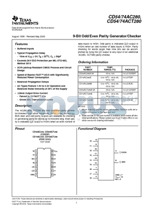 CD74AC280E datasheet - 9-Bit Odd/Even Parity Generator/Checker