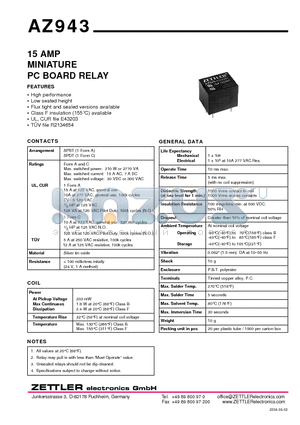 AZ943 datasheet - 15 AMP MINIATURE PC BOARD RELAY