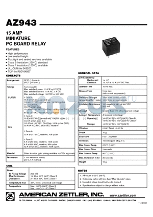 AZ943 datasheet - 15 AMP MINIATURE PC BOARD RELAY