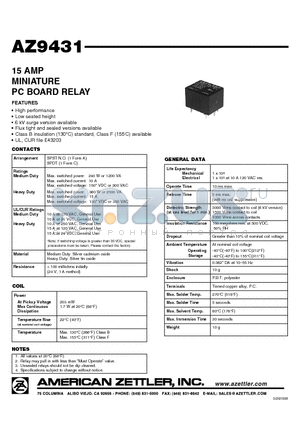 AZ9431 datasheet - 15 AMP MINIATURE PC BOARD RELAY