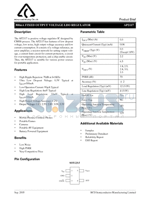 AP2117BK-2.5TRE1 datasheet - 300mA FIXED OUTPUT VOLTAGE LDO REGULATOR