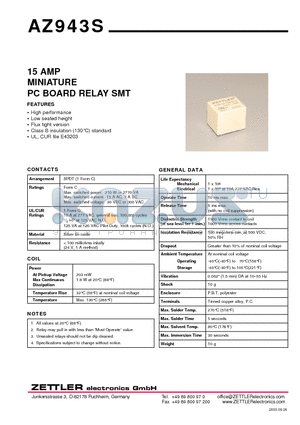 AZ943S datasheet - 15 AMP MINIATURE PC BOARD RELAY SMT