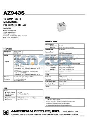 AZ943S-1CH-5DF datasheet - 15 AMP (SMT) MINIATURE PC BOARD RELAY