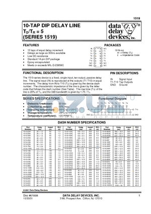 1519-120F datasheet - 10-TAP DIP DELAY LINE TD/TR = 5