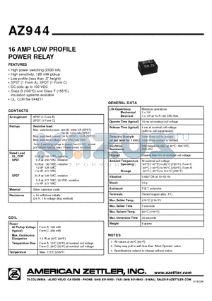 AZ944 datasheet - 16 AMP LOW PROFILE POWER RELAY