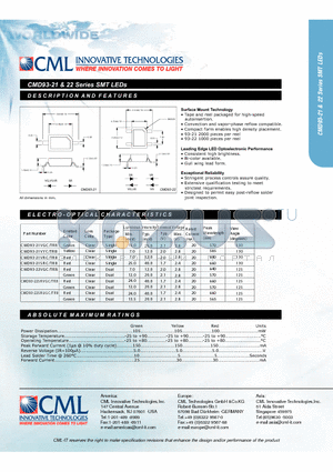 CMD93-21VYC/TR8 datasheet - SMT LEDs Tape and reel packaged for high-speed autoinsertion.