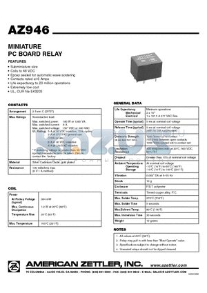 AZ946-2CH-3D datasheet - MINIATURE PC BOARD RELAY