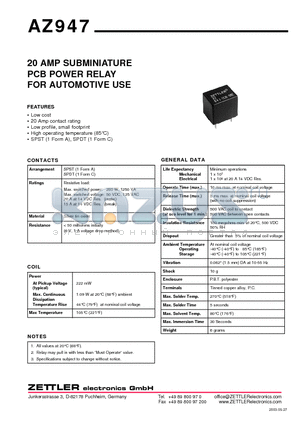 AZ947 datasheet - 20 AMP SUBMINIATURE PCB POWER RELAY FOR AUTOMOTIVE USE