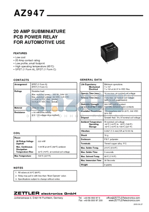 AZ947-1C-12D datasheet - 20 AMP SUBMINIATURE PCB POWER RELAY FOR AUTOMOTIVE USE