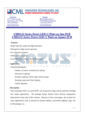 CMDA31CW15D13L datasheet - Power LED (1 Watt) on Star PCB