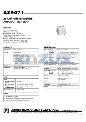 AZ9471-1C-10DEA datasheet - 25 AMP SUBMINIATURE AUTOMOTIVE RELAY