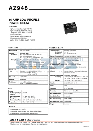 AZ948-1A-100DE datasheet - 16 AMP LOW PROFILE POWER RELAY