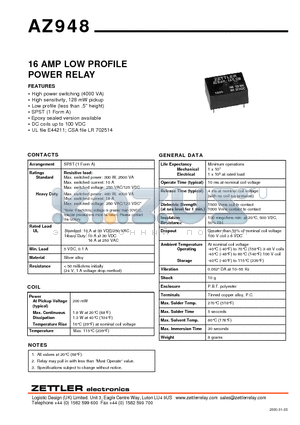 AZ948-1A-12D datasheet - 16 AMP LOW PROFILE POWER RELAY