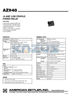 AZ948-1AET-12D datasheet - 16 AMP LOW PROFILE POWER RELAY