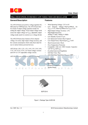 AP2128K-1.0TRG1 datasheet - 300mA HIGH SPEED, EXTREMELY LOW NOISE CMOS LDO REGULATOR