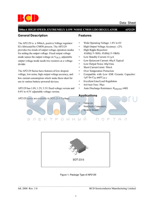 AP2129K-1.0TRG1 datasheet - 300mA HIGH SPEED, EXTREMELY LOW NOISE CMOS LDO REGULATOR