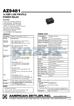 AZ9481-1CB-48D datasheet - 16 AMP LOW PROFILE POWER RELAY